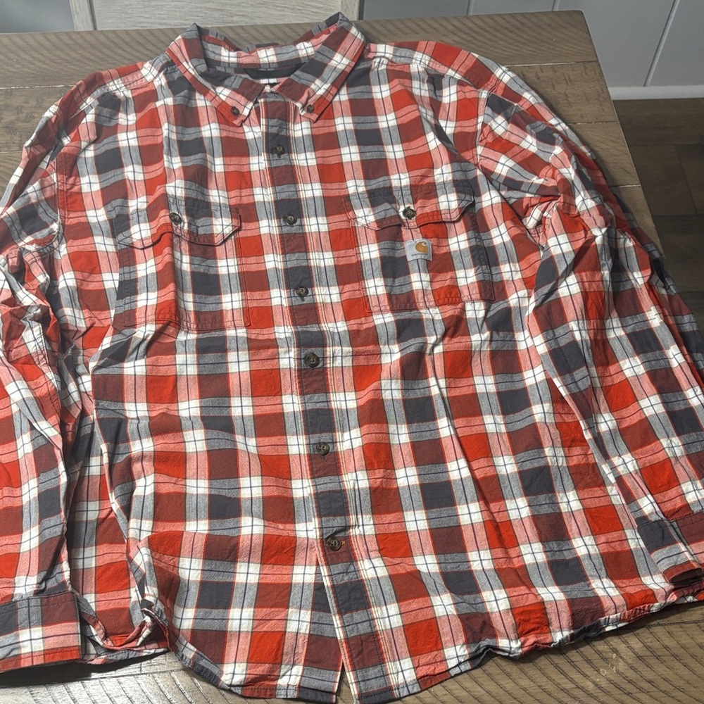 Carhartt Men's Red and White Plaid Button Down Shirt